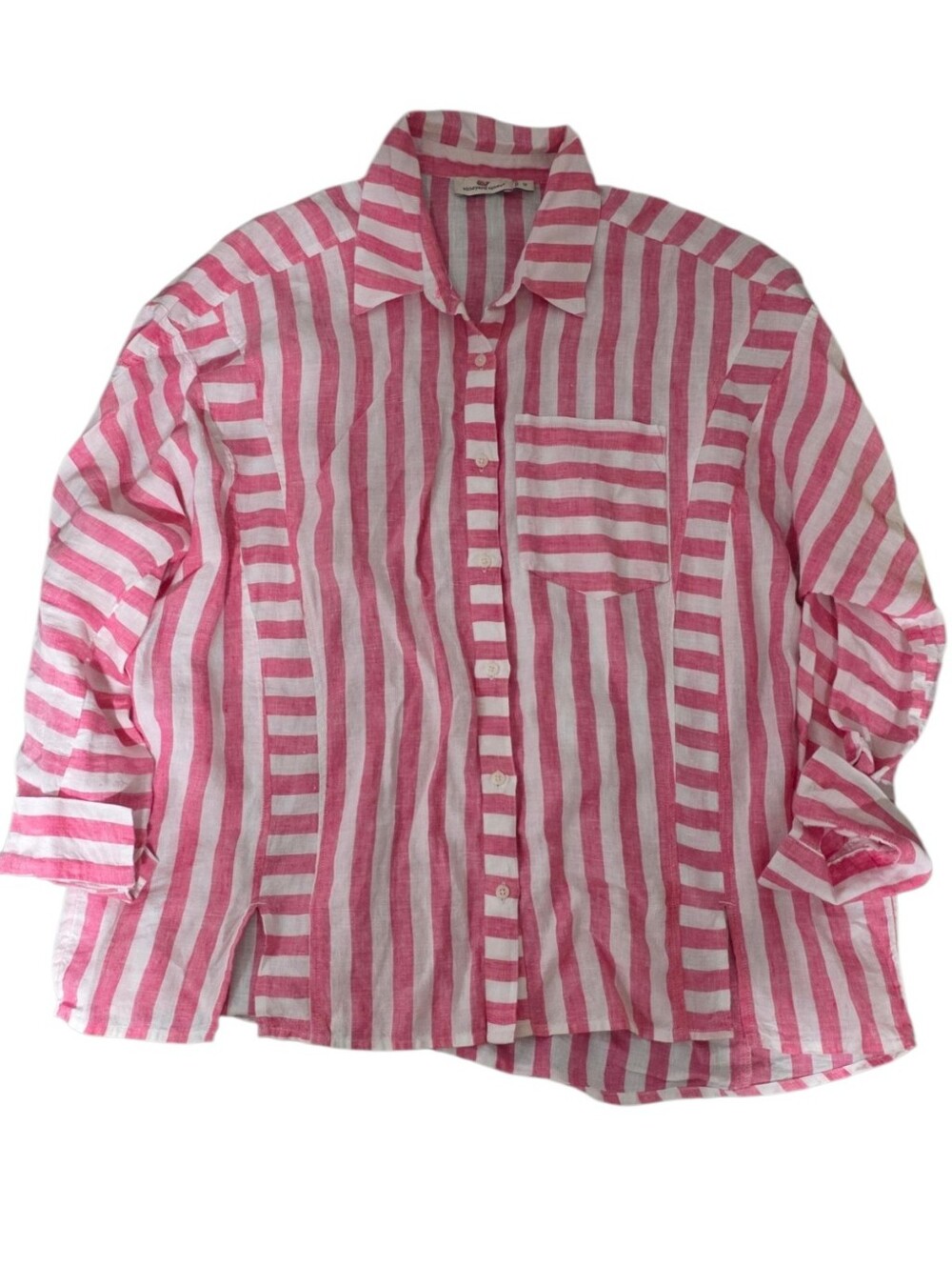 Vineyard Vines 100% Linen Pink White Stripe Oversized Button Down Shirt 12 L